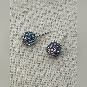 Hillberg & Berk 925 Silver Purple & Iridescent Blue Sparkle Ball Stud Earrings